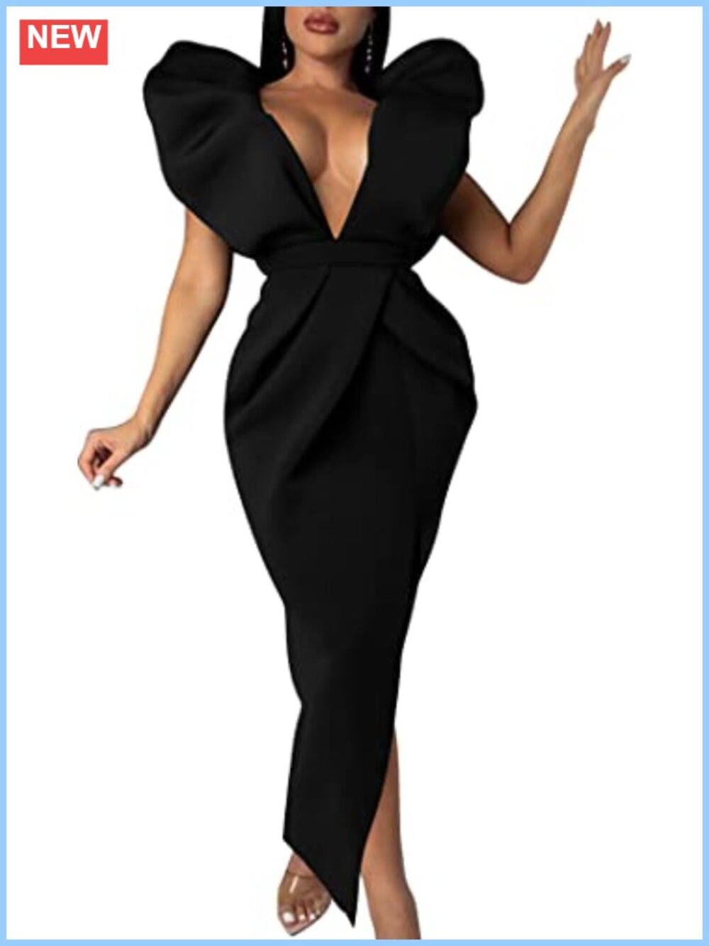 Sexy Deep V Neck Puff Sleeve Side Split Ruched Backless Midi Gown Dress